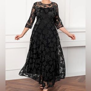 Black Velvet Embossed Mesh Overlay Evening Maxi Dress